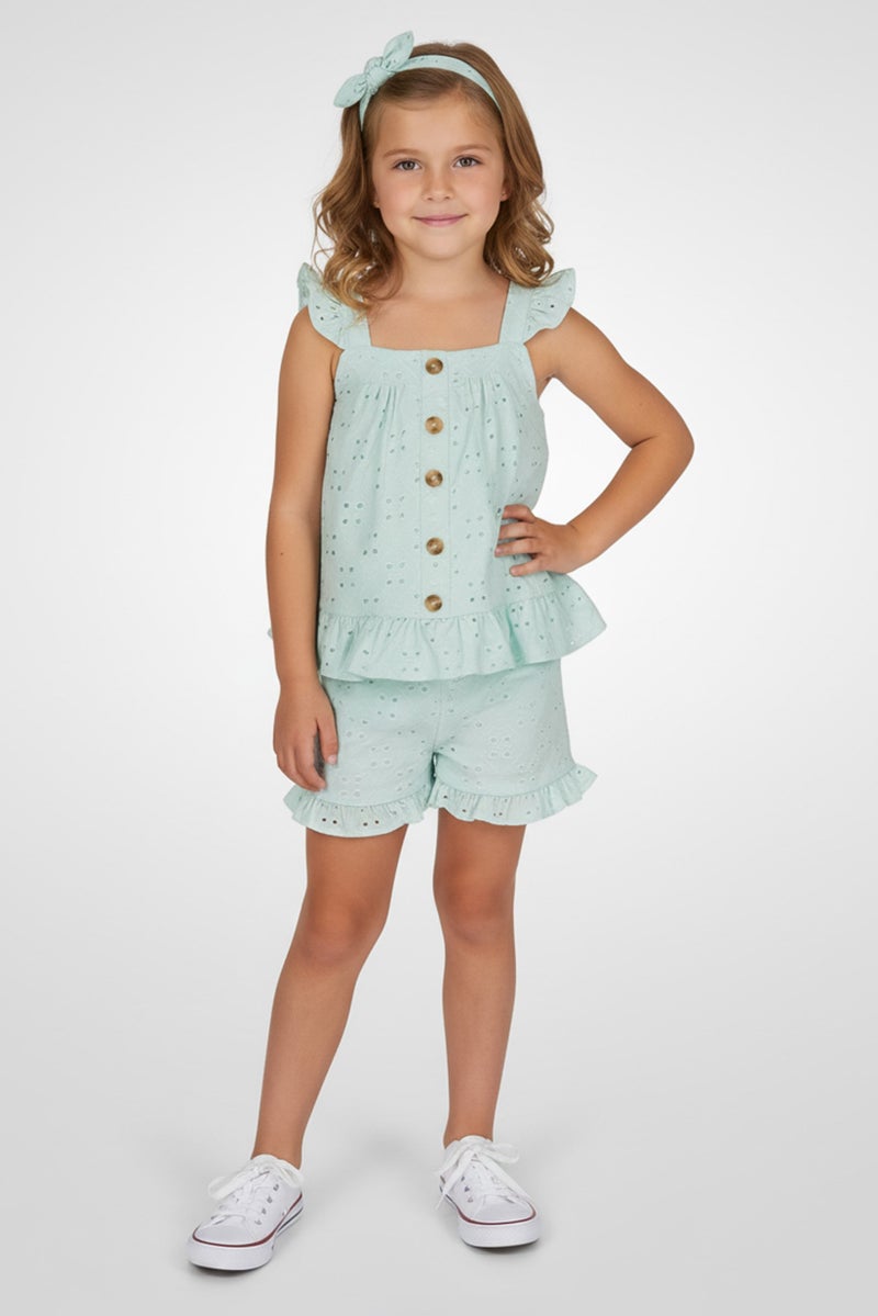 little lass فستان بنات للأطفال 3 قطع بأكمام كاب مع شورت ورباط شعر، أخضر فاتح - Image 1